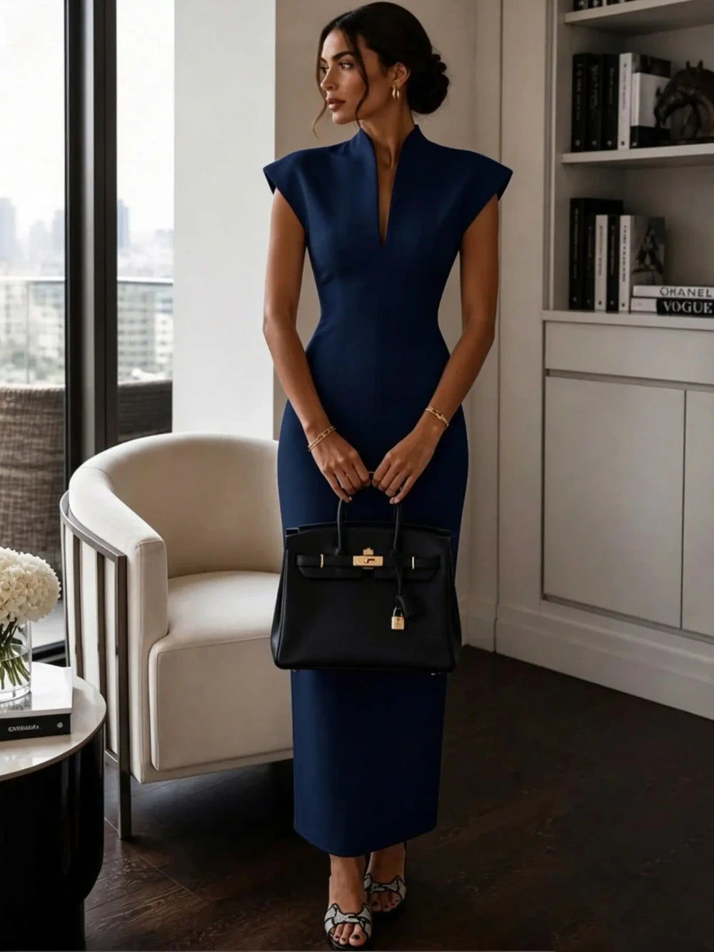 Elegant Stand Collar Bodycon Midi Dress for Women