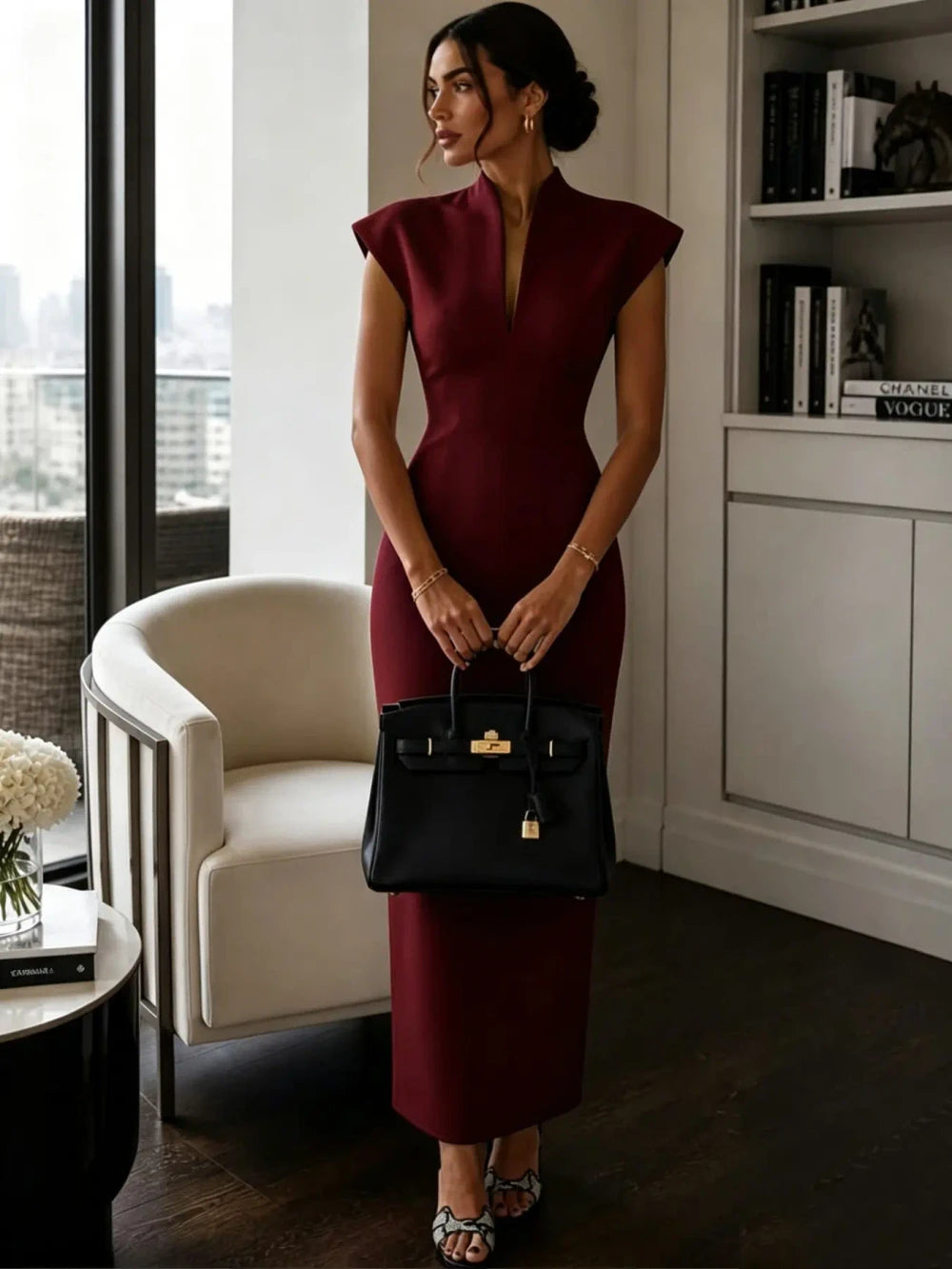 Elegant Stand Collar Bodycon Midi Dress for Women