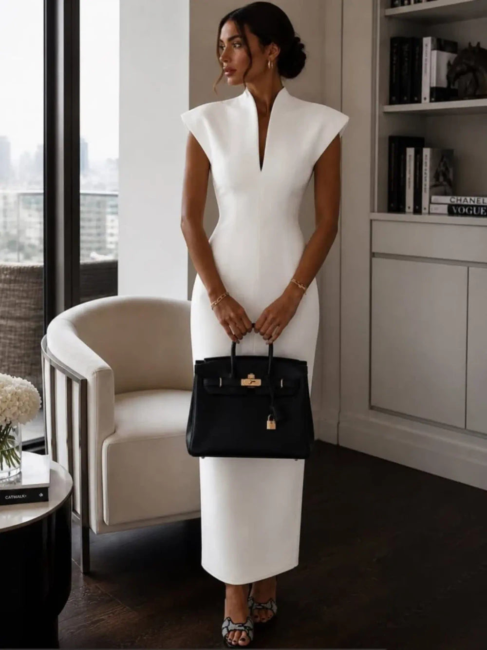 Elegant Stand Collar Bodycon Midi Dress for Women