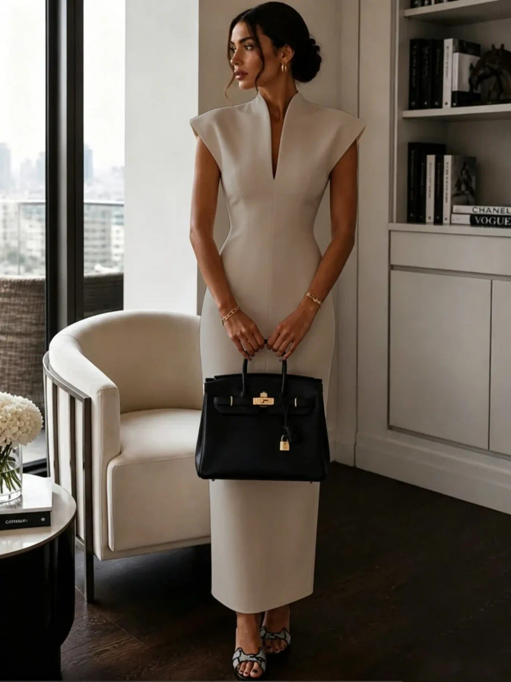 Elegant Stand Collar Bodycon Midi Dress for Women