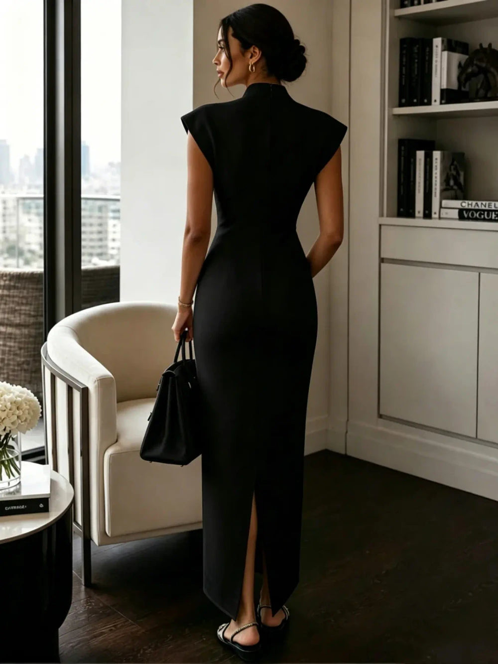 Elegant Stand Collar Bodycon Midi Dress for Women