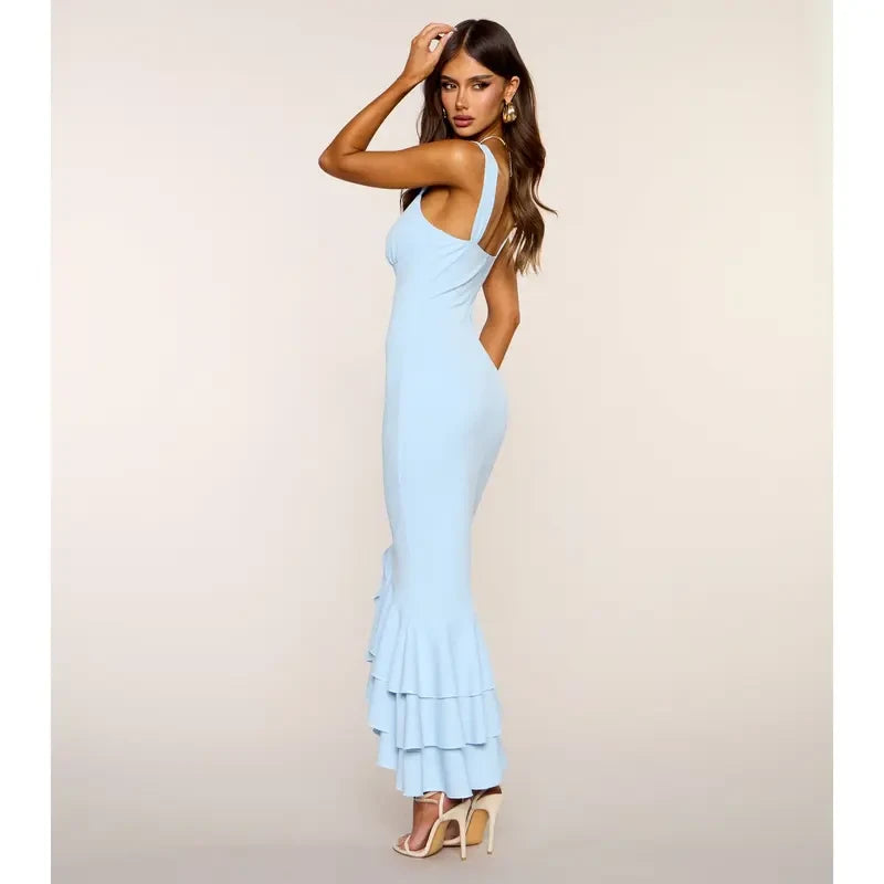 Elegant Light Blue Ruffle Midi Dress for Women